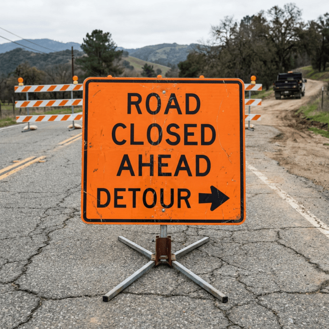 Orange road sign with text ROAD CLOSED AHEAD DETOUR and a right-pointing arrow.